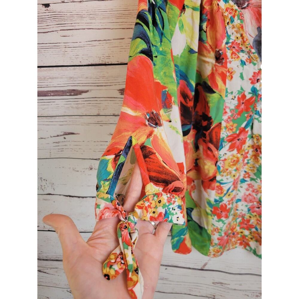 Fig & Flower Shell buttons Orange Green Floral Long Sleeve Top Women's Sz 3X - Picture 5 of 10